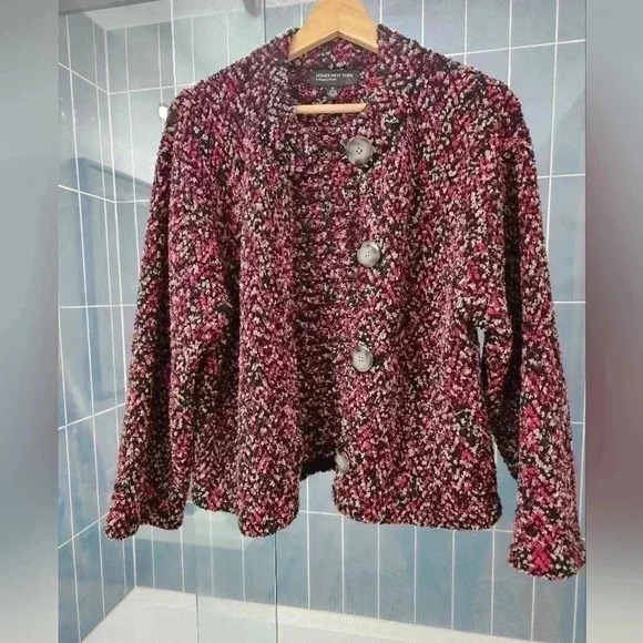 Jones New York Pink, Black, and Gray Bouclé Wool Blend Cardigan, Size Med - Picture 3 of 5